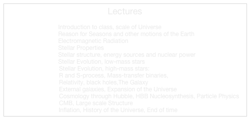 Lectures

Lecture1_AY5         Introduction to class, scale of Universe
Lecture2_AY5         Reason for Seasons and other motions of the Earth
Lecture3_AY5         Electromagnetic Radiation
Lecture4_AY5         Stellar Properties
Lecture5_AY5         Stellar structure, energy sources and nuclear power
Lecture 6_AY5        Stellar Evolution, low-mass stars
Lecture 7                 Stellar Evolution, high-mass stars: 
Lecture 8                 R and S-process, Mass-transfer binaries,
Lecture 9                 Relativity, black holes,The Galaxy 
Lecture 10               External galaxies, Expansion of the Universe
Lecture 11               Cosmology through Hubble, HBB Nucleosynthesis, Particle Physics
Lecture 12               CMB, Large scale Structure
lLecture 13              Inflation, History of the Universe, End of time